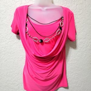 Hot pink blouse with necklace